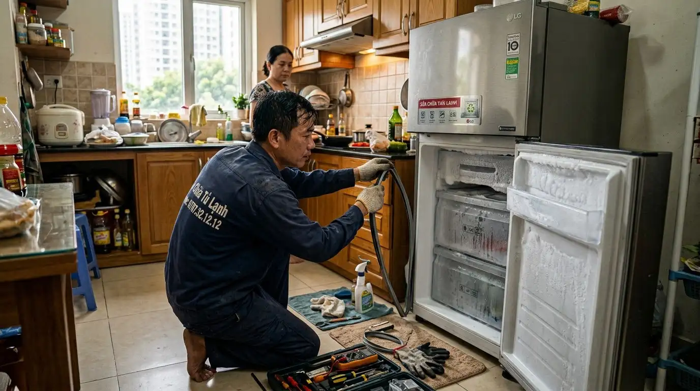 thao tác kỹ thuật căn chỉnh bản lề cửa tủ lạnh bị hở đọng sương