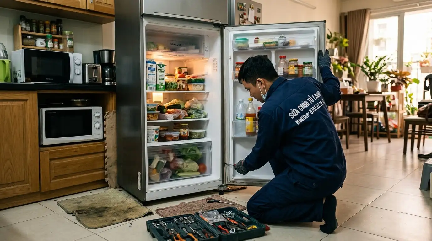 cửa tủ lạnh bị xệ cạ vào gầm đáy