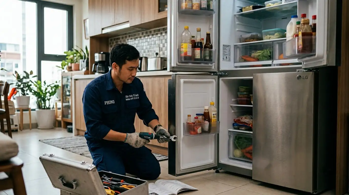 quy trình chỉnh cửa tủ lạnh bị xệ