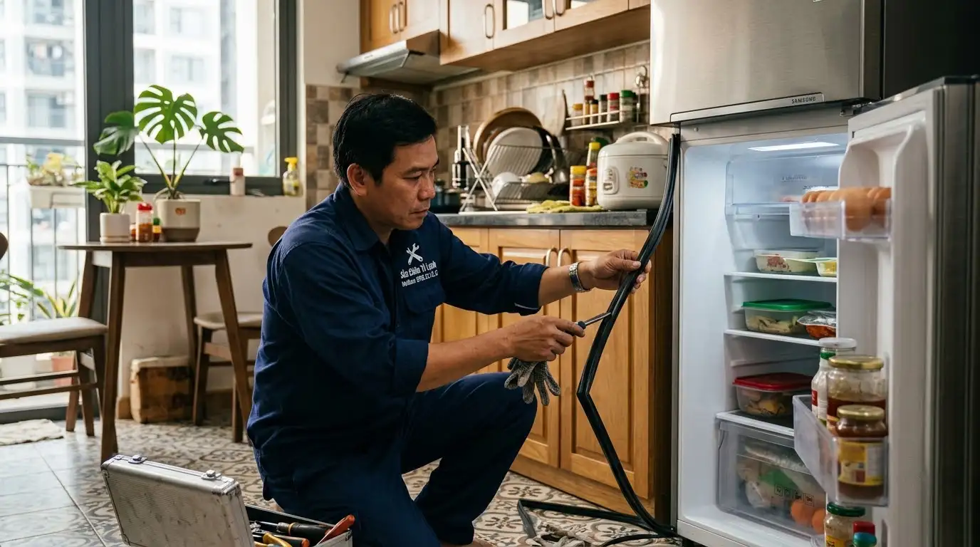 Thao tác căn chỉnh và xử lý ron tủ lạnh không hít bằng máy sấy nhiệt