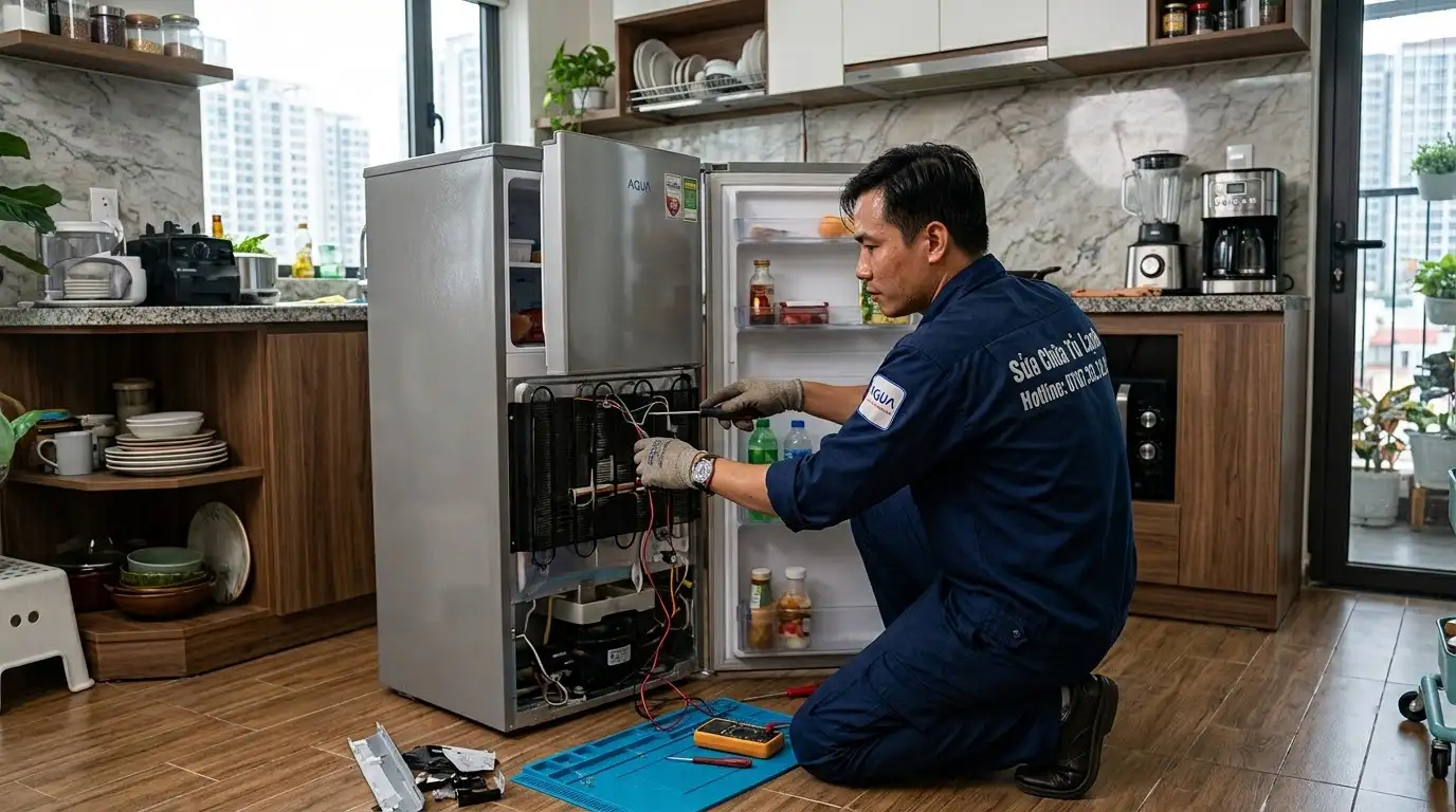 Kỹ thuật viên thông tắc máng nước xả đá tủ lạnh Aqua