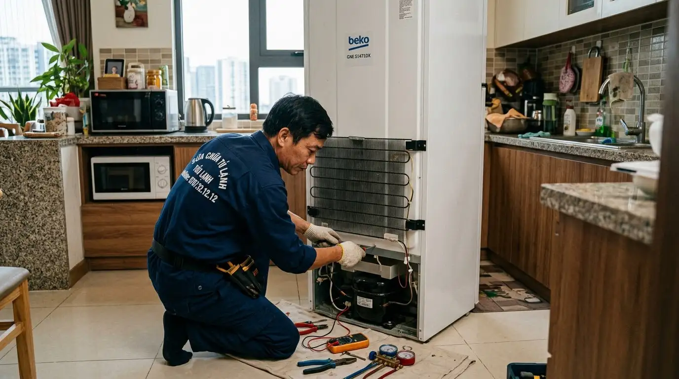 Thợ sửa tủ lạnh Beko đo kiểm tra bo mạch