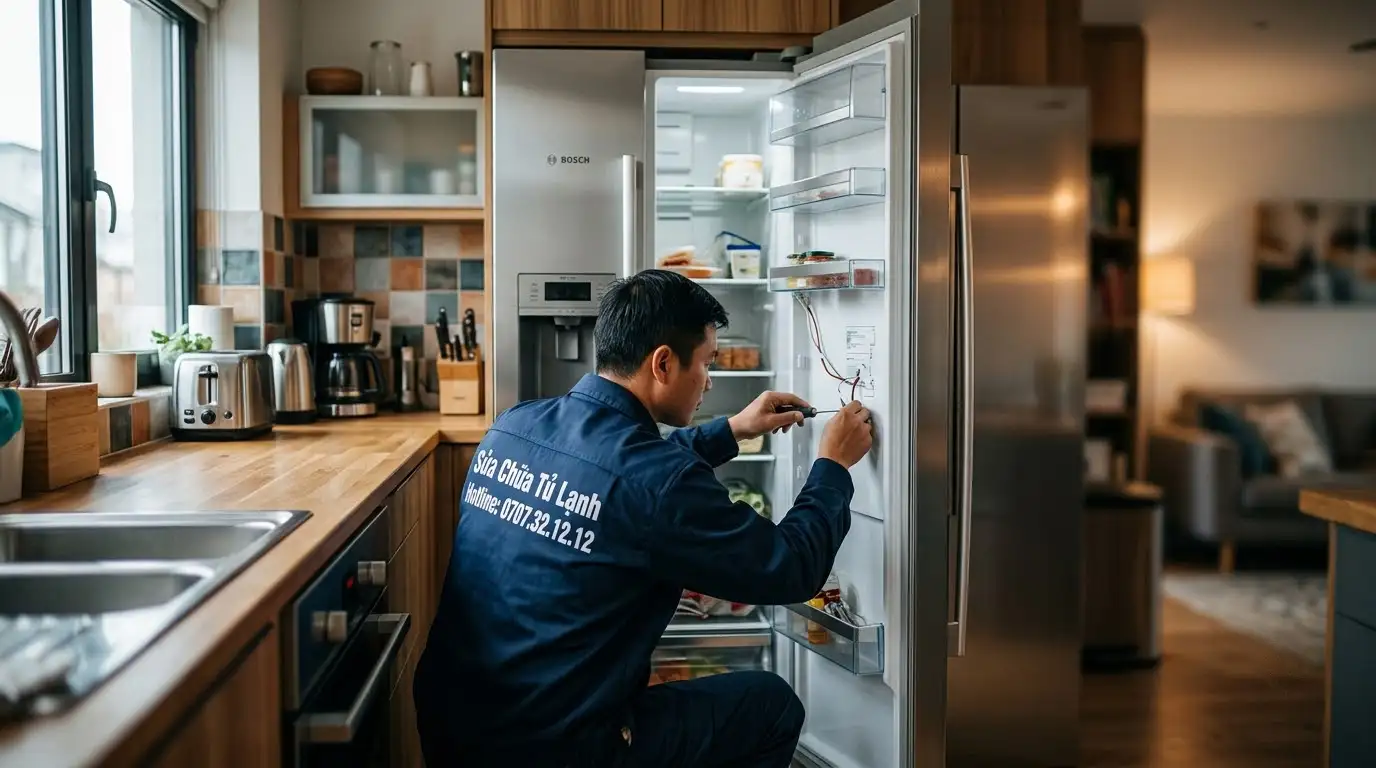 Thợ sửa tủ lạnh Bosch đo thông mạch bo mạch biến tần