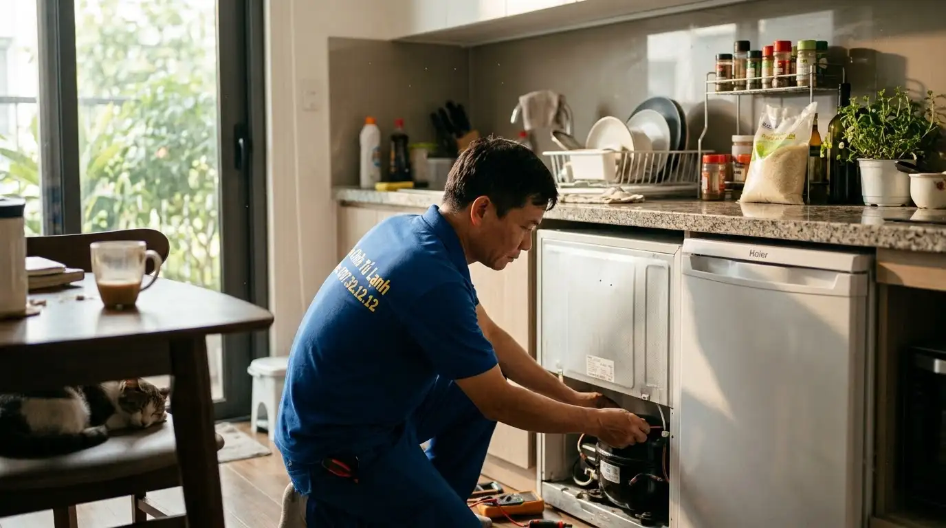 Thợ sửa tủ lạnh Haier tại nhà thao tác đo kiểm kỹ thuật