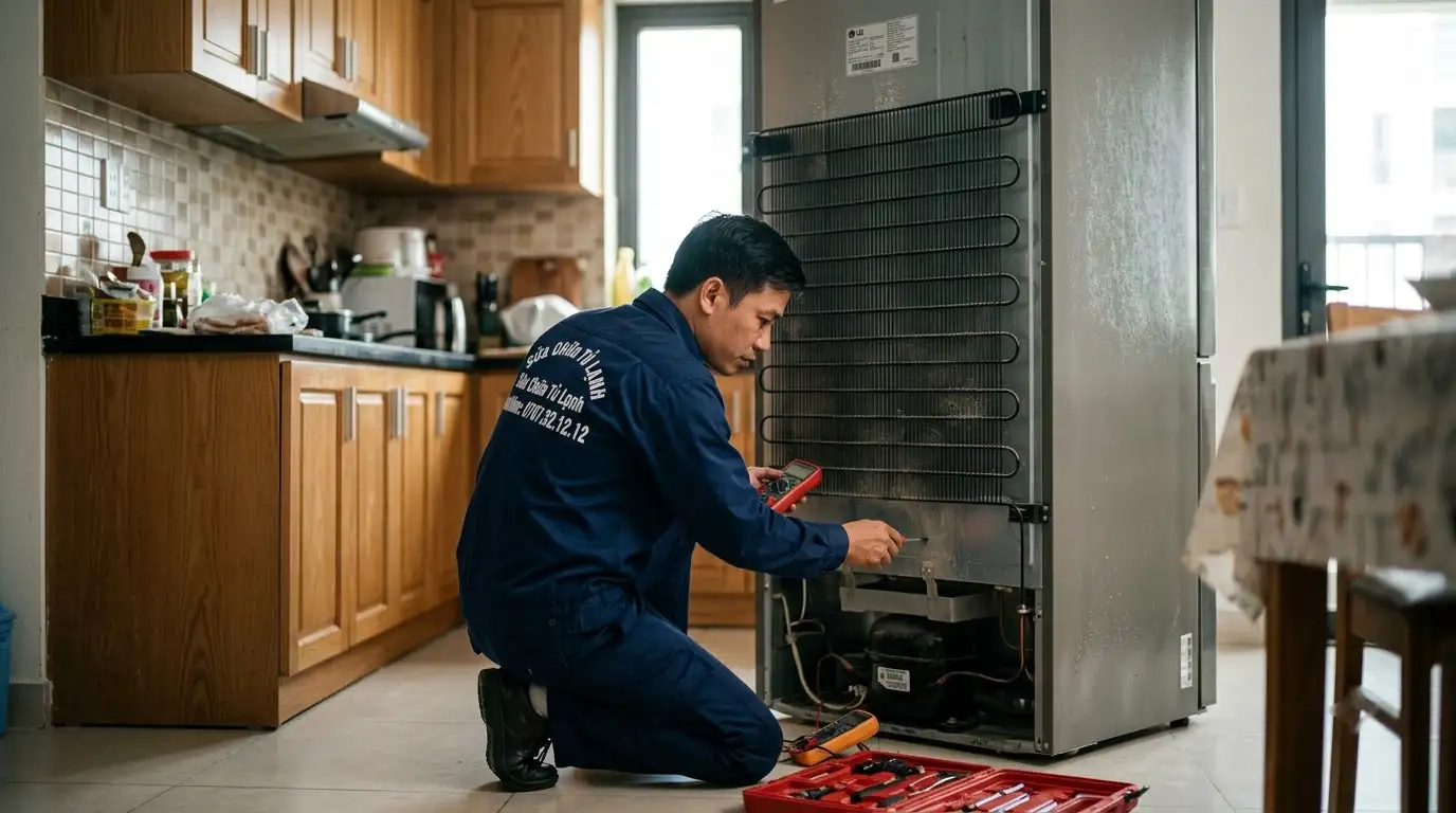 Thợ sửa tủ lạnh LG kiểm tra hệ thống làm đá tự động