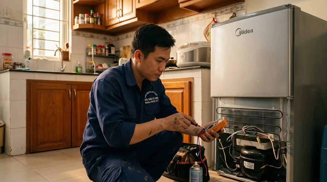 Thợ sửa tủ lạnh Midea kiểm tra linh kiện xả đá