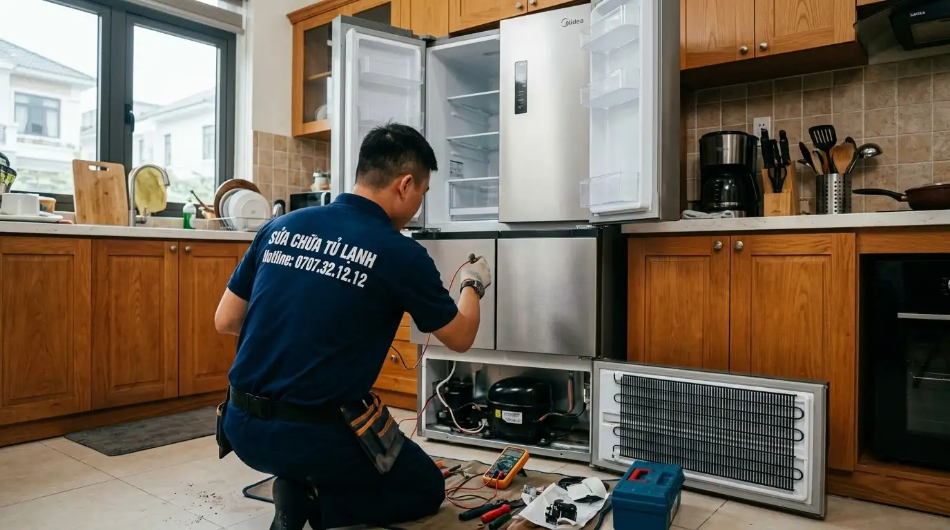 Kỹ thuật viên nạp gas tủ lạnh Midea chuẩn áp suất