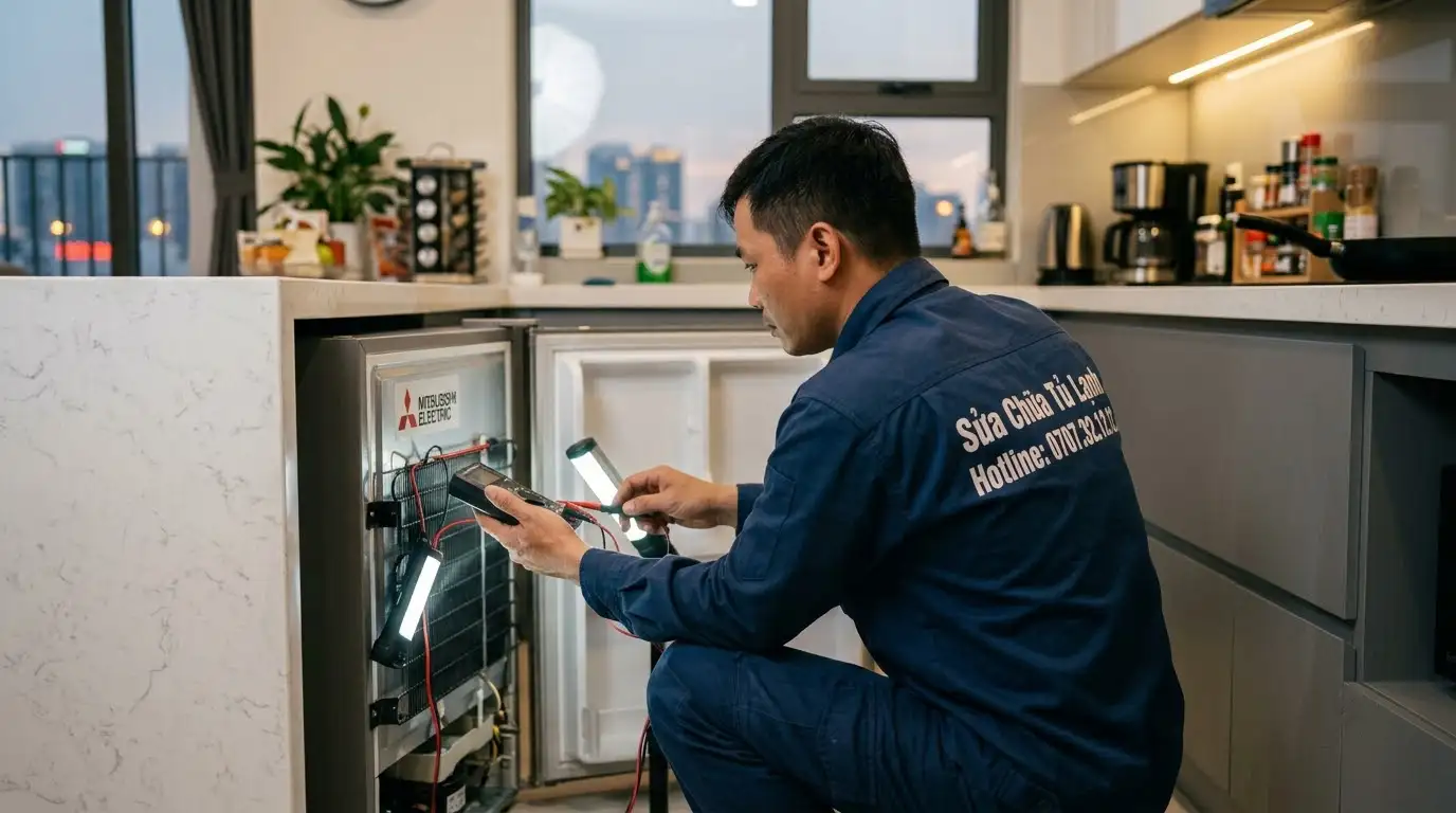 Sửa tủ lạnh Mitsubishi kiểm tra bo mạch chuyên nghiệp