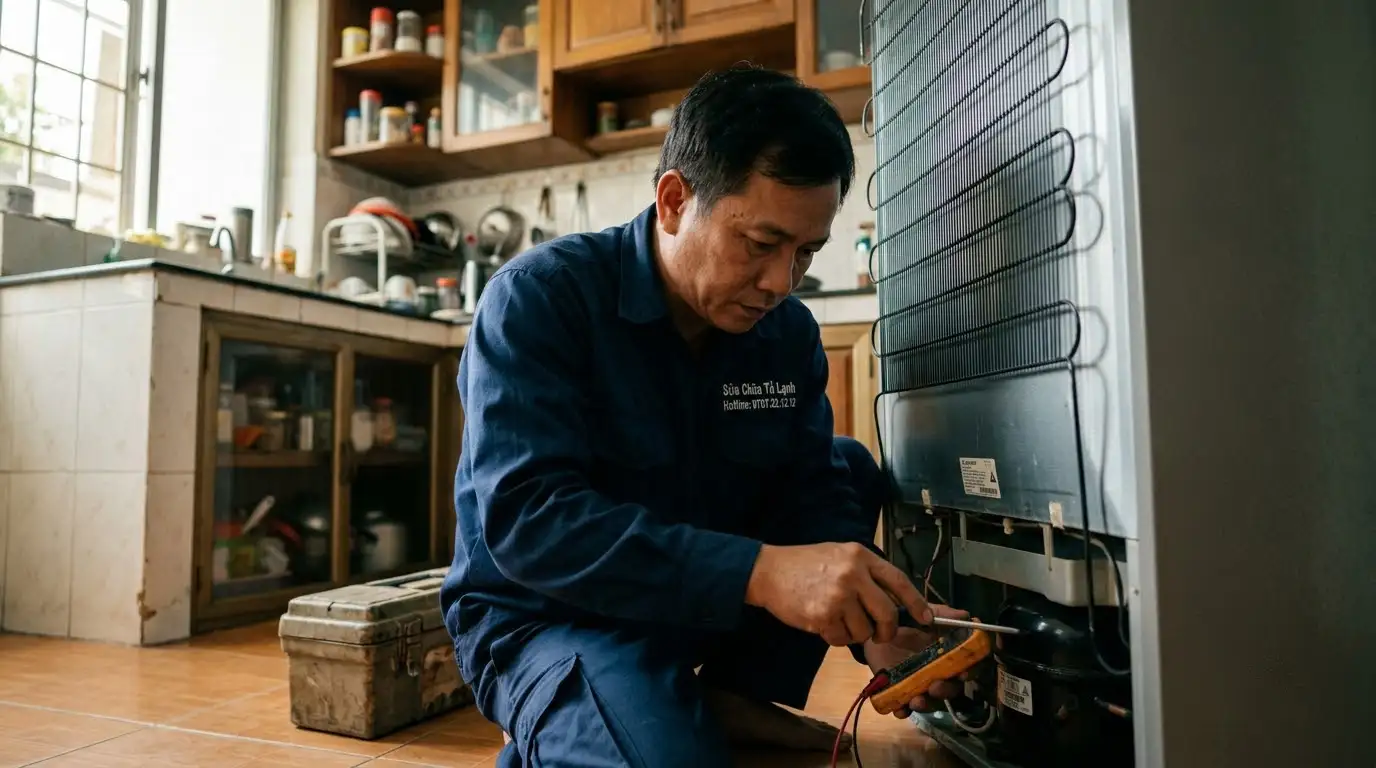 Thợ sửa tủ lạnh Mitsubishi kiểm tra hệ thống làm đá tự động