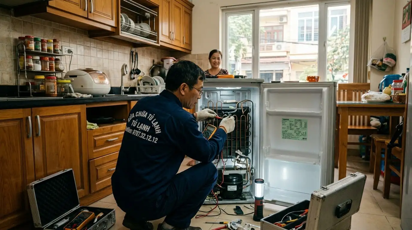 Thợ sửa tủ lạnh nội địa Nhật kiểm tra bo mạch