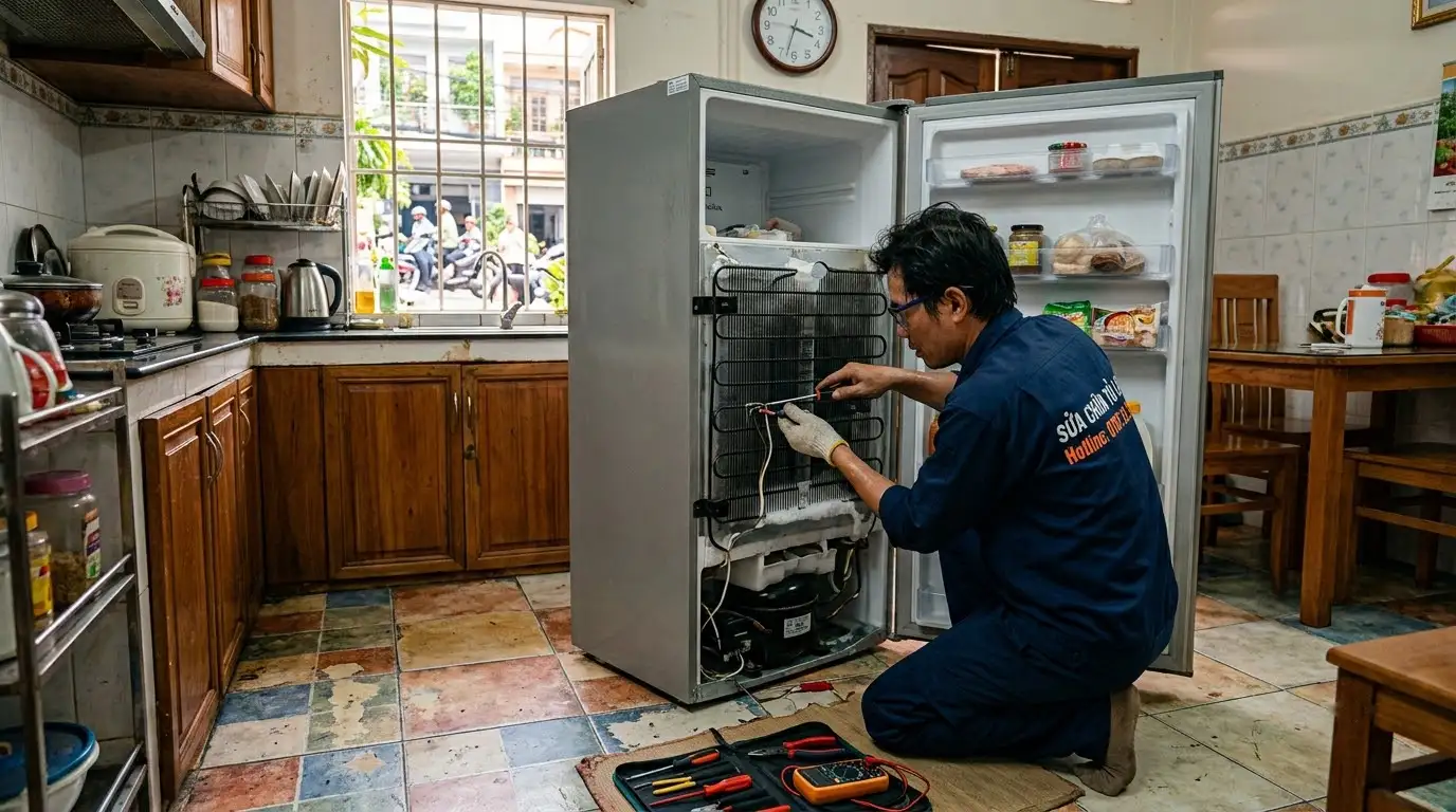 Thợ sửa tủ lạnh phường An Lạc kiểm tra dàn xả đá