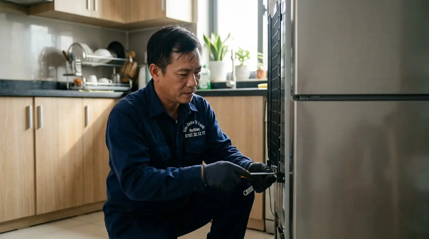 Thợ sửa tủ lạnh phường Bình Trị Đông đo đạc kiểm tra cuộn dây máy nén