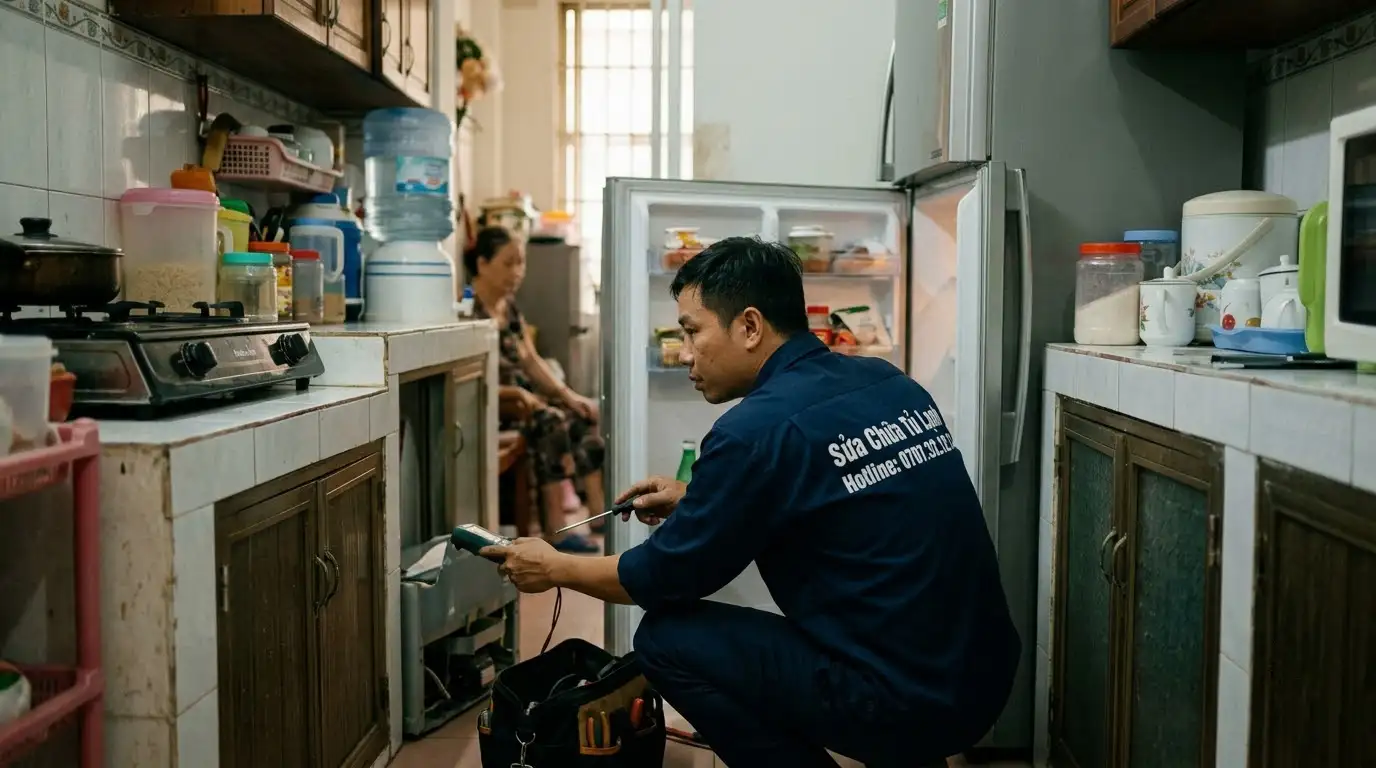Thao tác thợ sửa tủ lạnh phường Chợ Quán nạp gas và cân chỉnh mạch