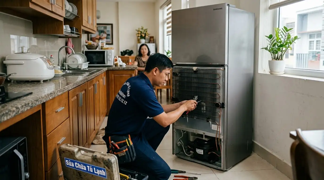 Thợ sửa chữa tủ lạnh phường Đông Hưng Thuận kiểm tra máy nén
