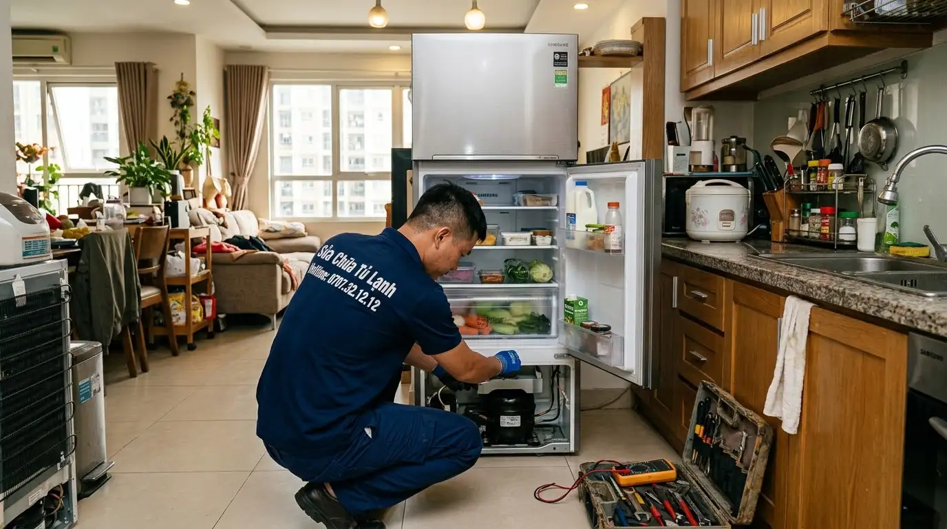 Thợ sửa tủ lạnh phường Gò Vấp đo đạc kiểm tra linh kiện xả đá