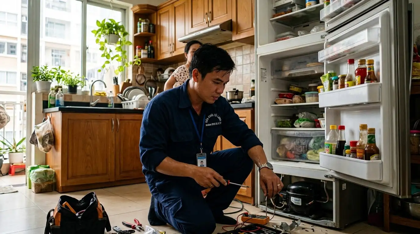 Thợ sửa tủ lạnh phường Tân Hòa đo đạc kiểm tra cảm biến