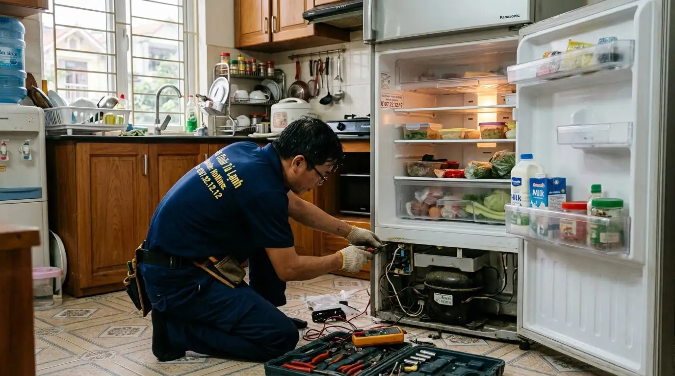 Kỹ thuật viên sửa tủ lạnh phường Xuân Hòa kiểm tra dàn xả đá