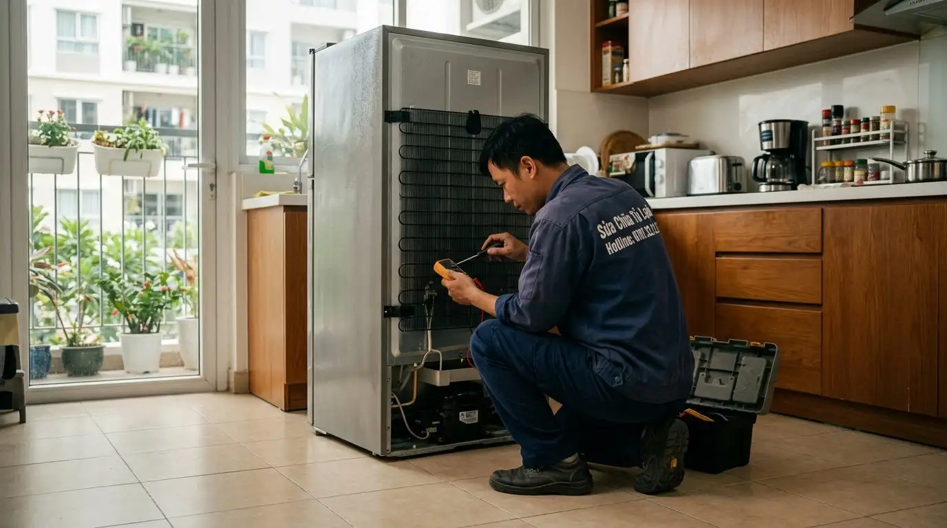 Kỹ thuật viên đo đạc linh kiện tủ lạnh tận nhà