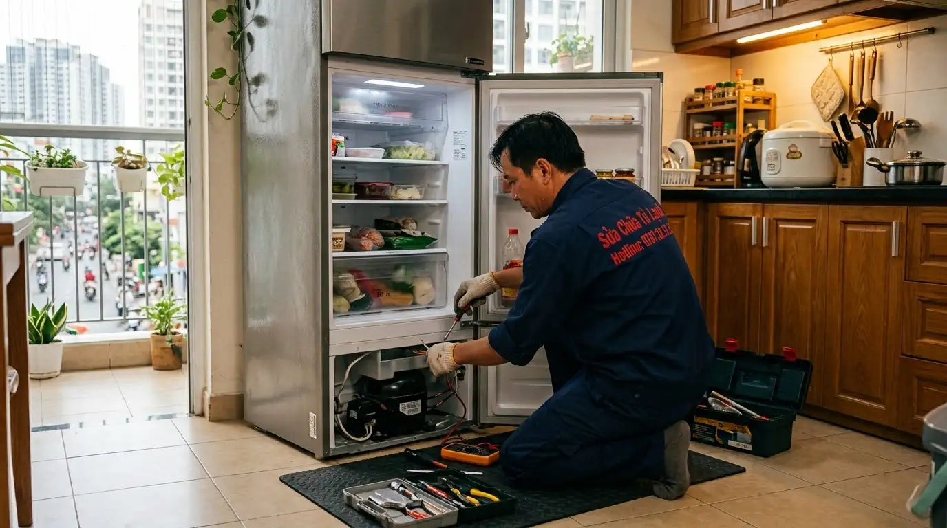 Thợ sửa tủ lạnh quận 4 đo đạc linh kiện xả đá