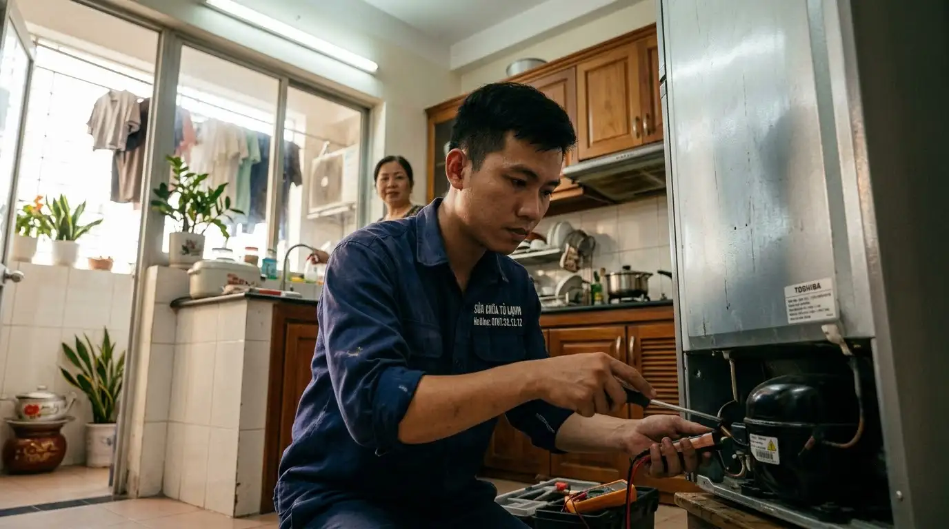 Kỹ thuật viên đo kiểm tra sò lạnh bo mạch tủ lạnh tại Bình Thạnh