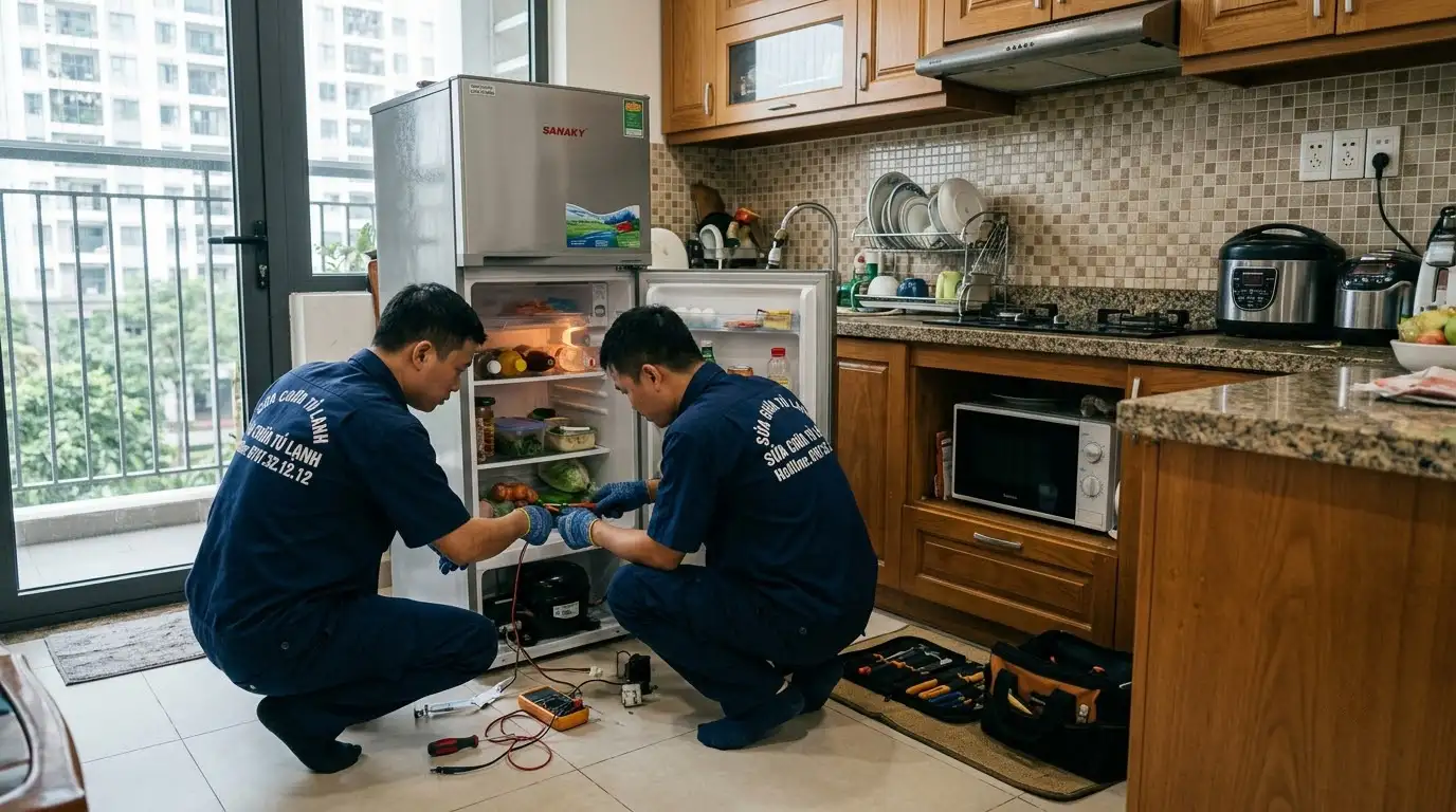Thợ sửa tủ lạnh Sanaky đo kiểm tra cuộn dây lốc máy nén