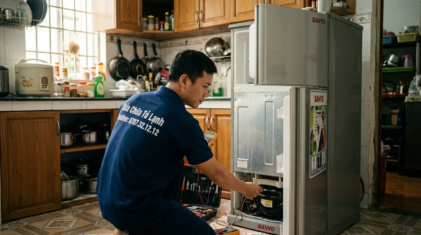 Thợ sửa tủ lạnh Sanyo kiểm tra timer xả đá bằng đồng hồ vạn năng