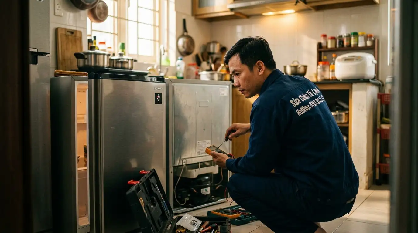 Thợ sửa tủ lạnh Sharp Inverter kiểm tra bo mạch