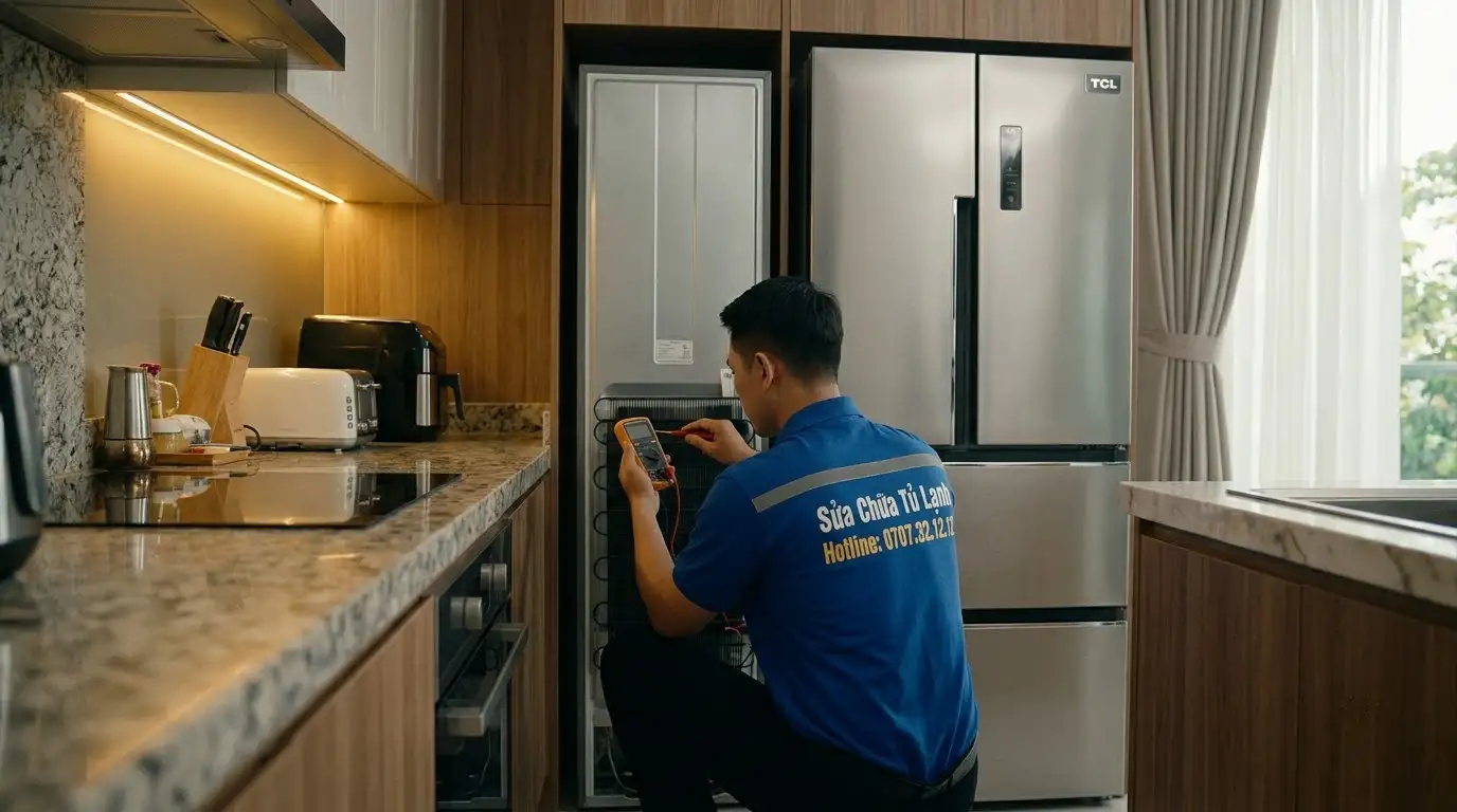 Thợ sửa tủ lạnh TCL đo đạc kiểm tra thông số điện trở bo mạch