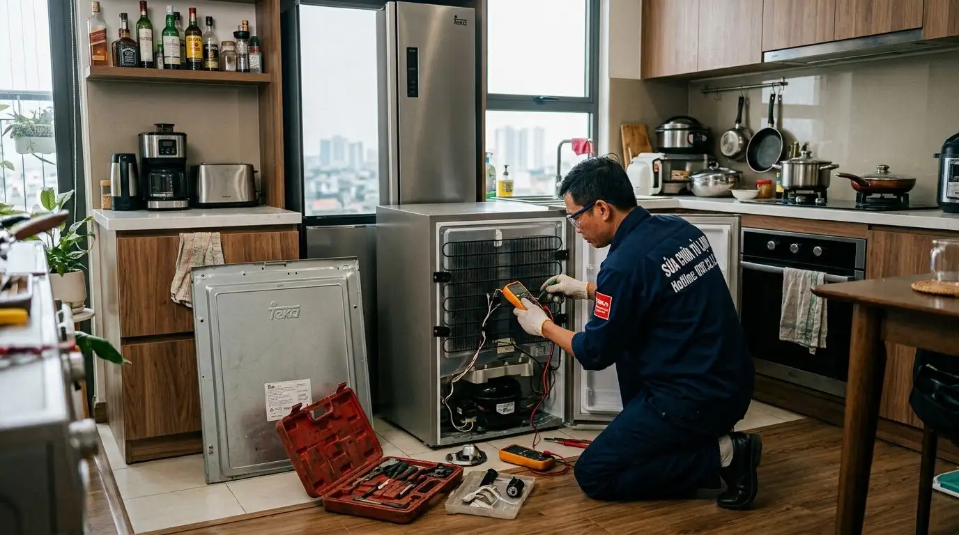 Kỹ thuật viên đo kiểm bo mạch sửa tủ lạnh Teka tại nhà