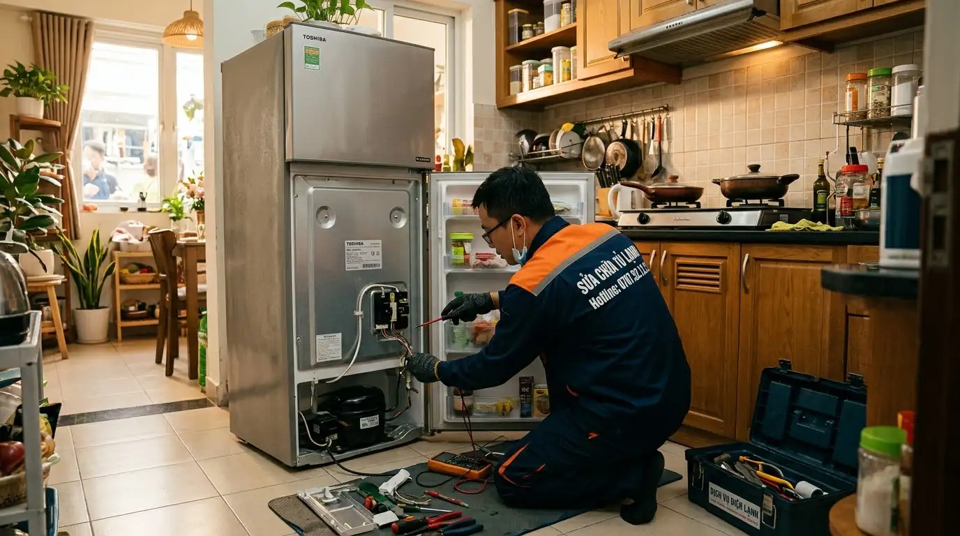 Thao tác kỹ thuật viên sửa tủ lạnh Toshiba tại nhà