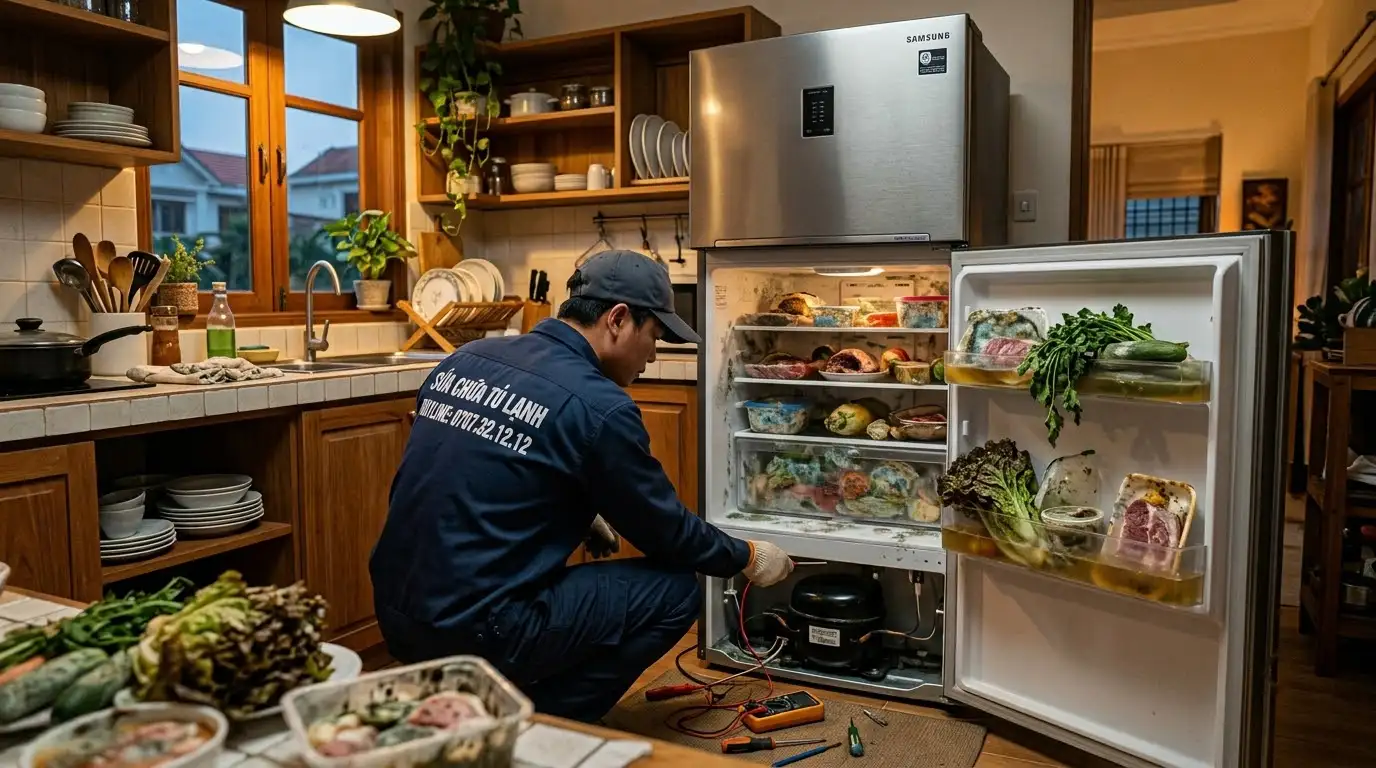 Kỹ thuật viên kiểm tra tủ lạnh tránh thức ăn trong tủ lạnh bị ôi thiu