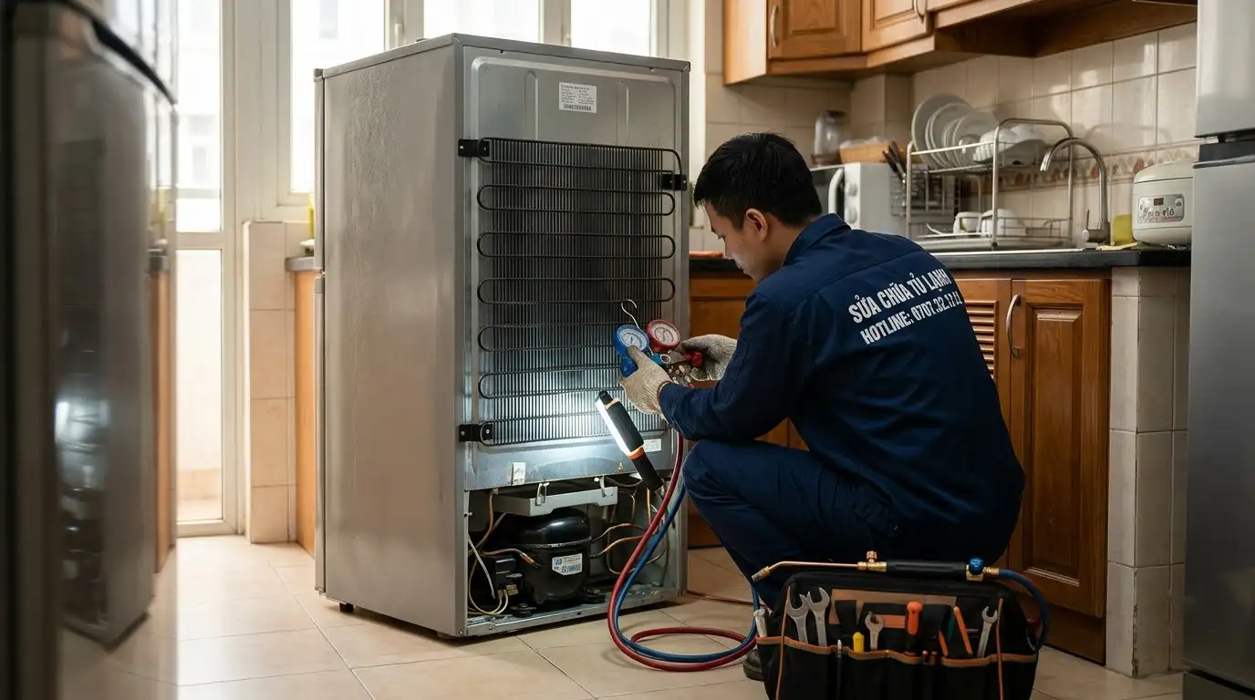 Kỹ thuật viên đo đạc áp suất giàn lạnh tủ lạnh