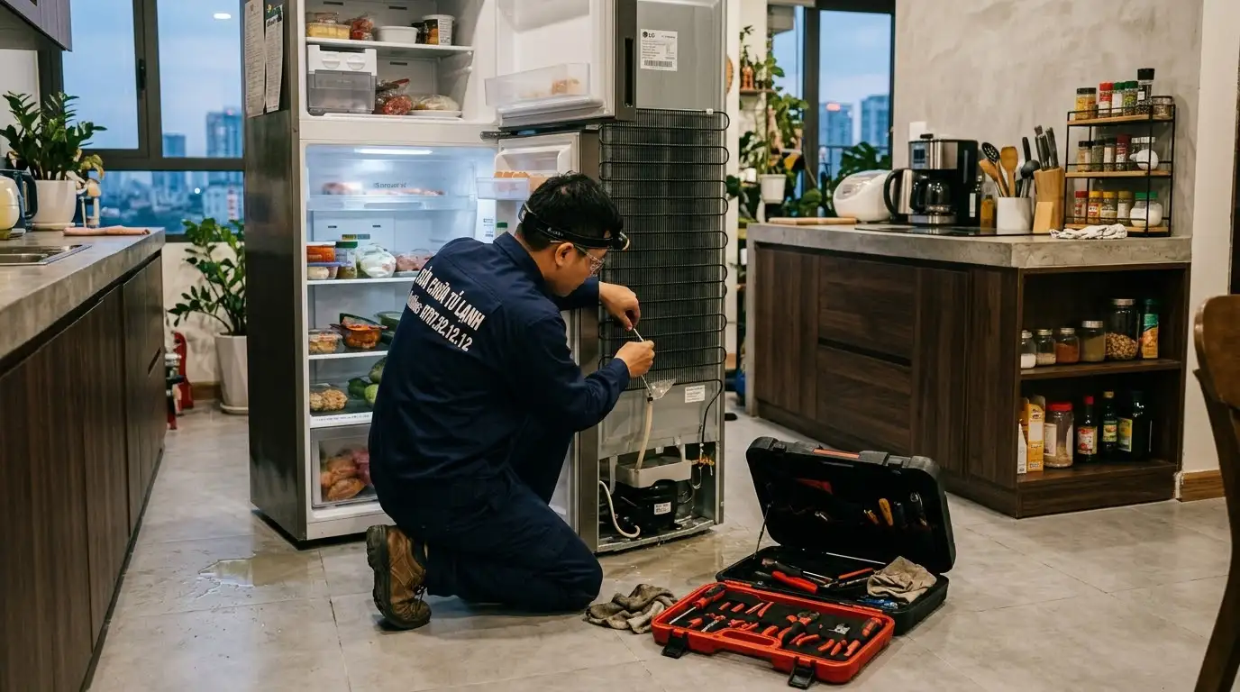 tủ lạnh bị chảy nước rò rỉ ra sàn nhà