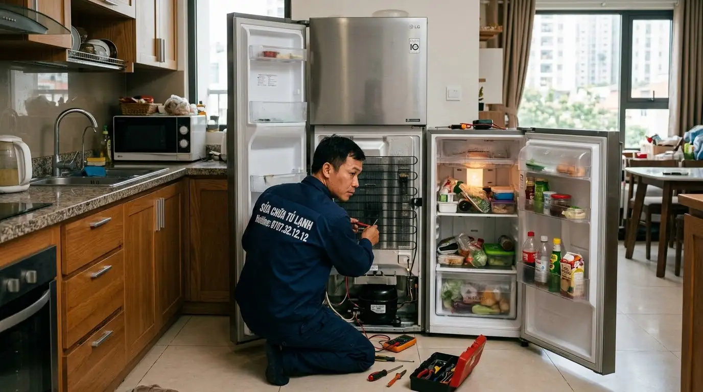 Kỹ thuật viên kiểm tra tủ lạnh bị hở cửa tại nhà