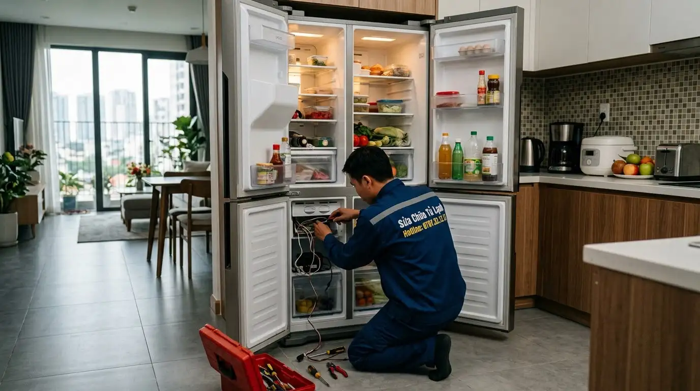 Thao tác thợ căn chỉnh bản lề cửa tủ lạnh bị xệ