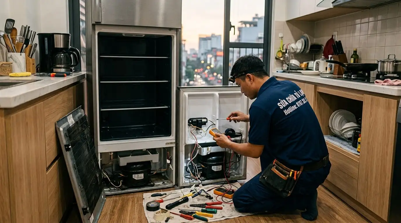 Thợ kiểm tra bảng giá tủ lạnh bị mất điện