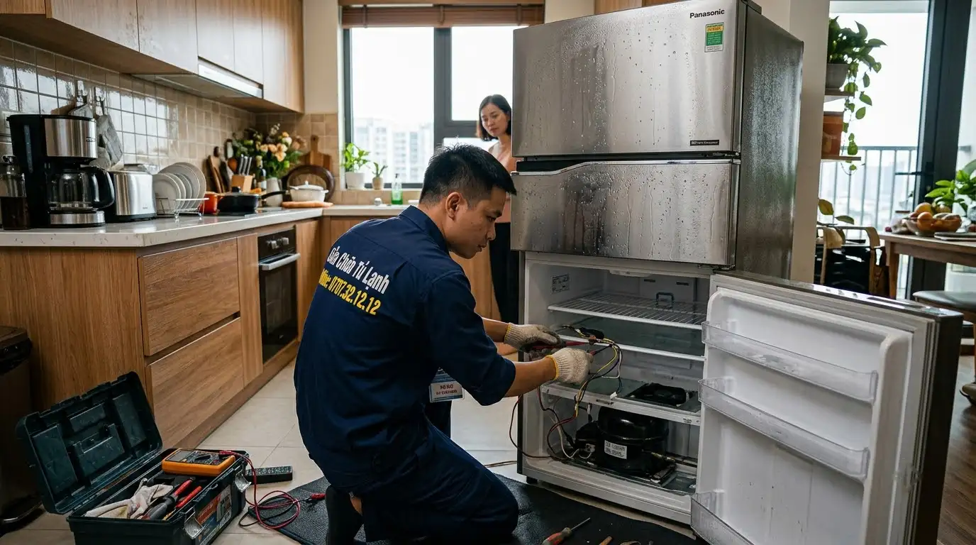 thợ sửa tủ lạnh kiểm tra viền tủ lạnh ra mồ hôi nước