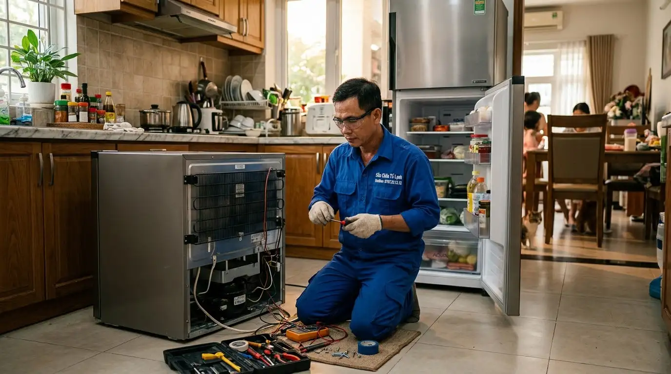 Kỹ thuật viên đo kiểm tra tủ lạnh bị rò rỉ dòng điện tại nhà