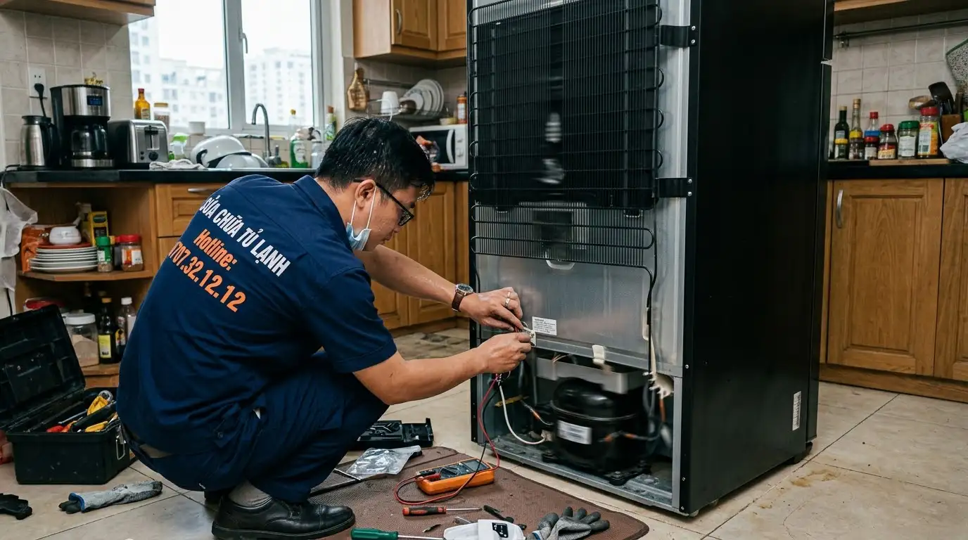 Thao tác kỹ thuật viên dùng cờ lê cân chỉnh chân xoay tủ lạnh