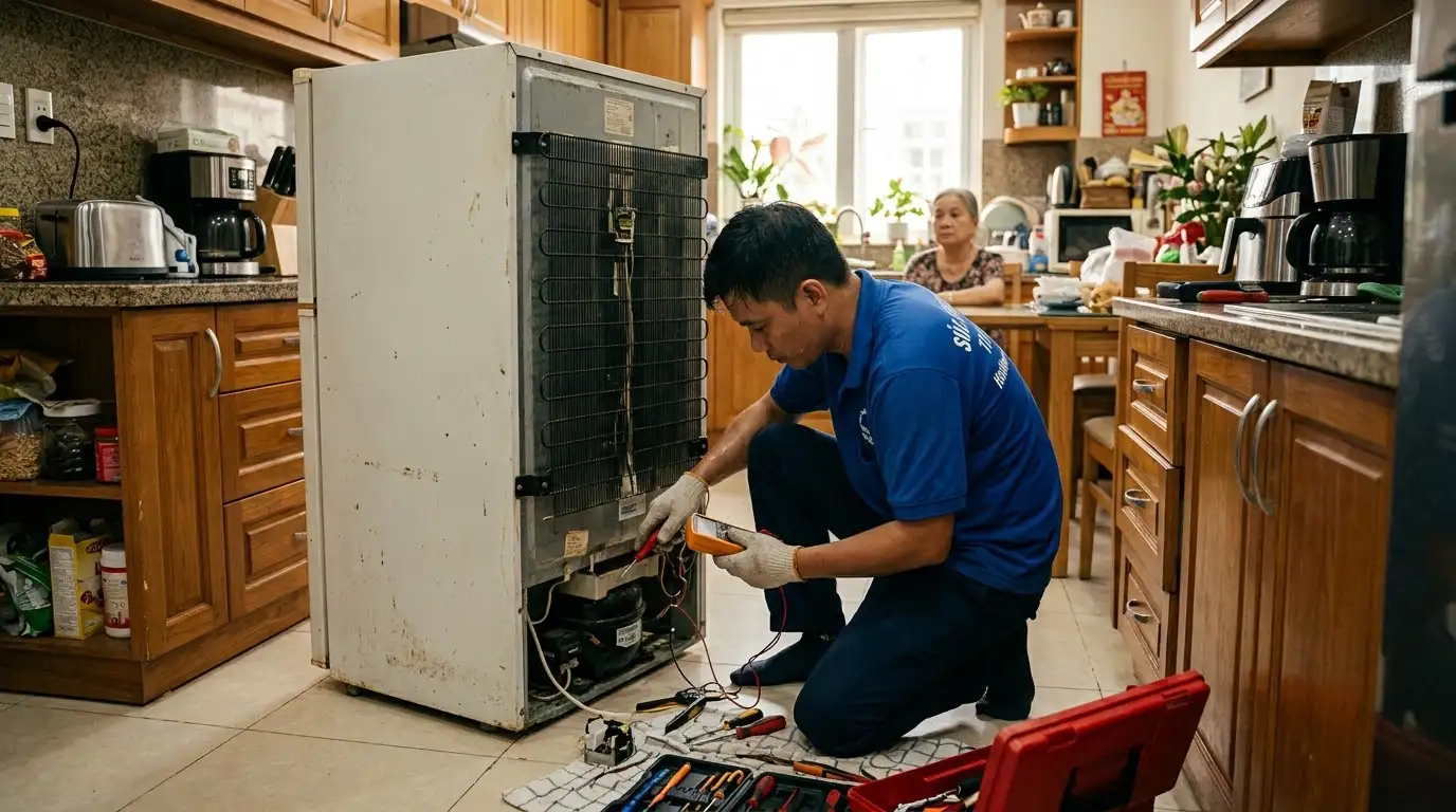 Kỹ thuật viên kiểm tra tủ lạnh bị sập aptomat tại nhà