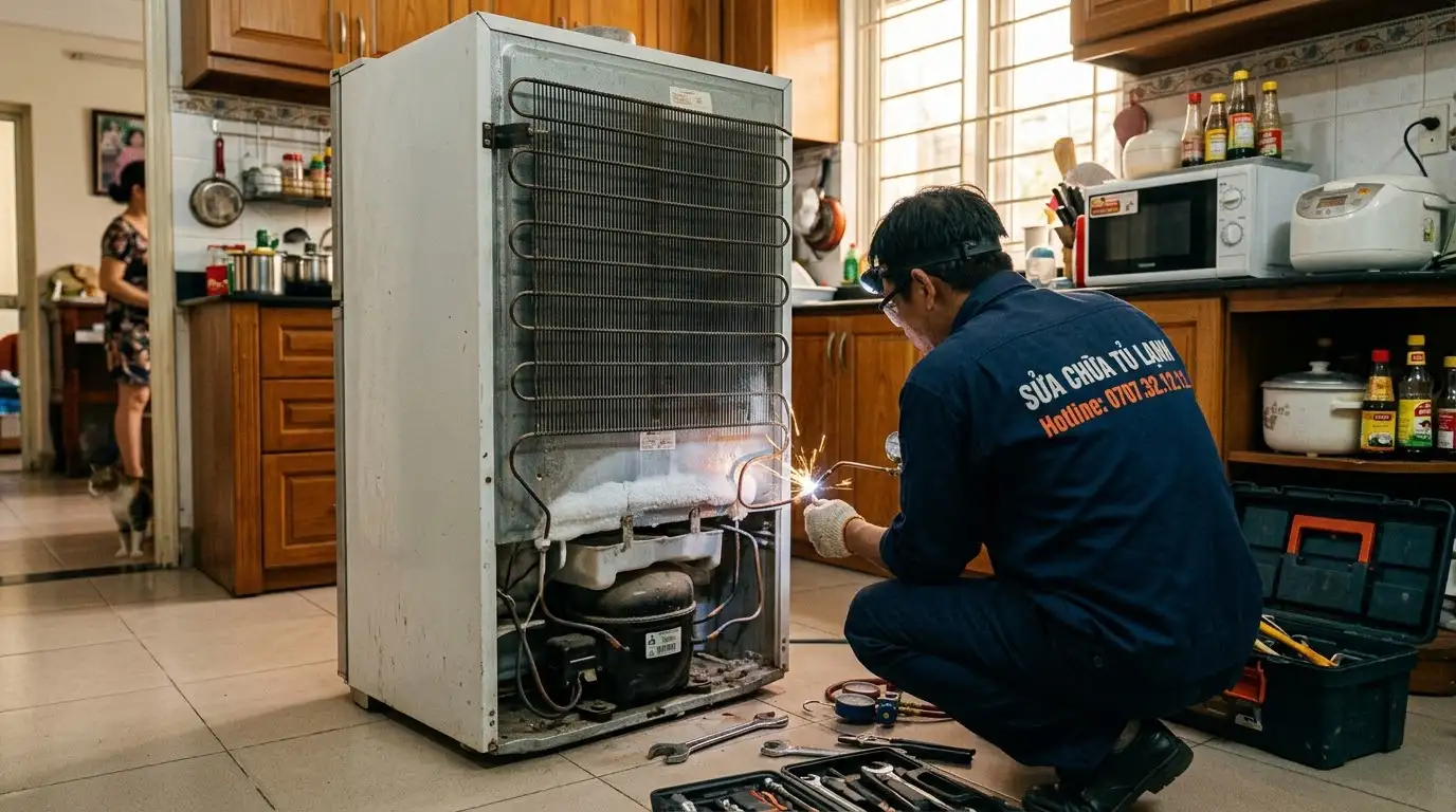 Kiểm tra tủ lạnh bị xì gas bằng bọt xà phòng chuyên dụng