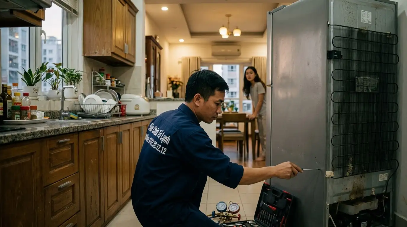 thợ sửa tủ lạnh kiểm tra đo thông mạch bộ xả đá và bo mạch Inverter