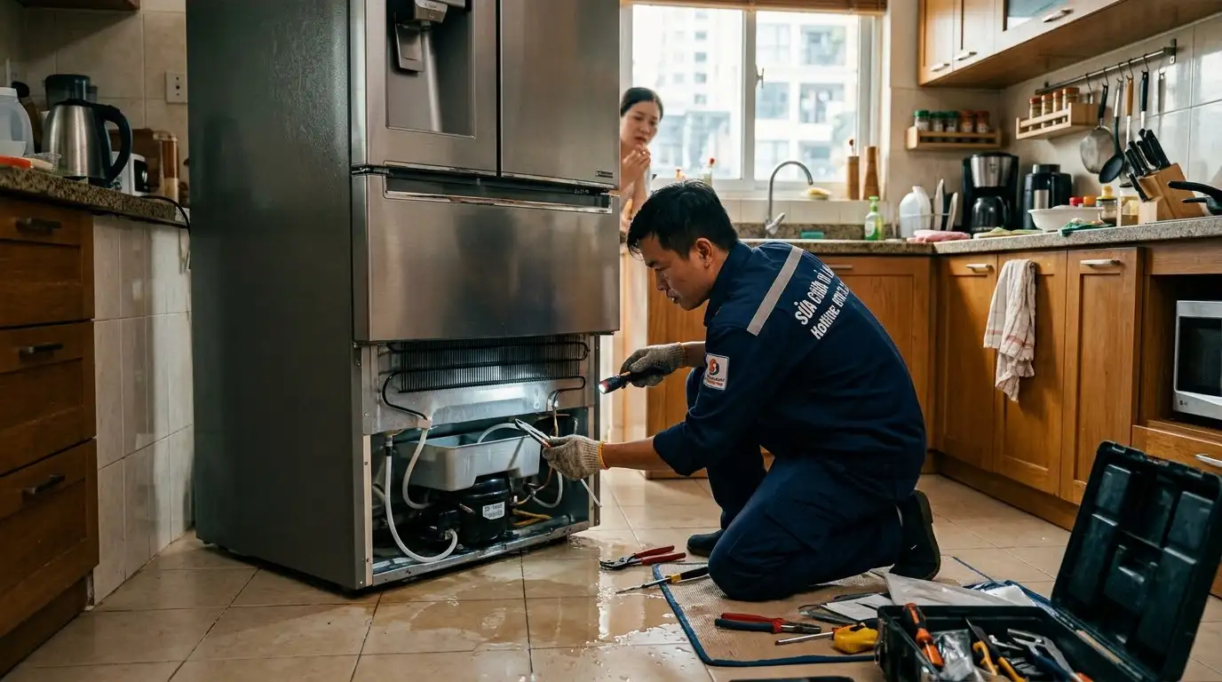 tủ lạnh bị ứ nước tràn dưới gầm
