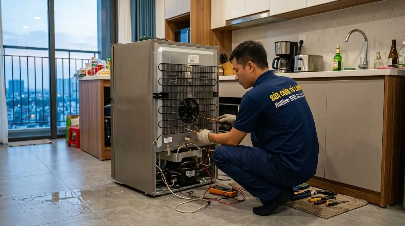 Tháo dỡ khay chứa nước thải tủ lạnh bị rỉ nước