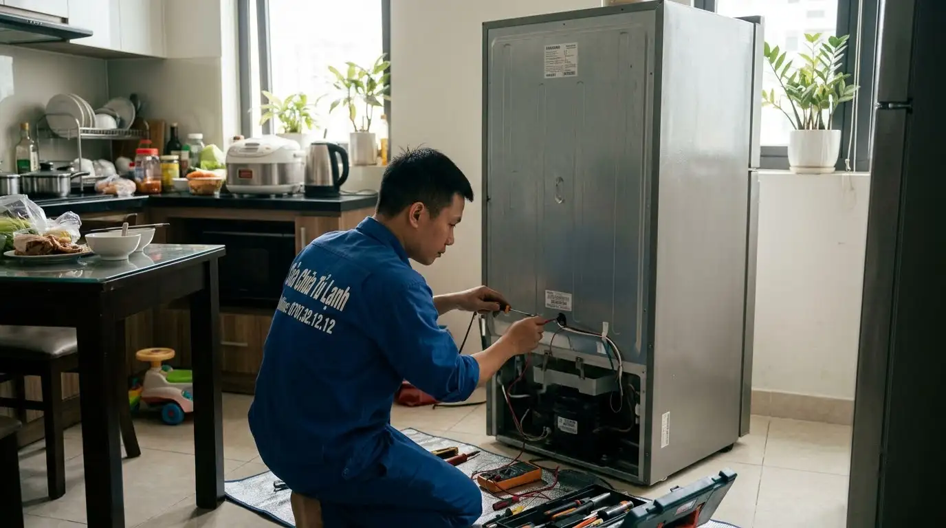thợ sửa tủ lạnh kiểm tra chi tiết hệ thống xả đá và bo mạch
