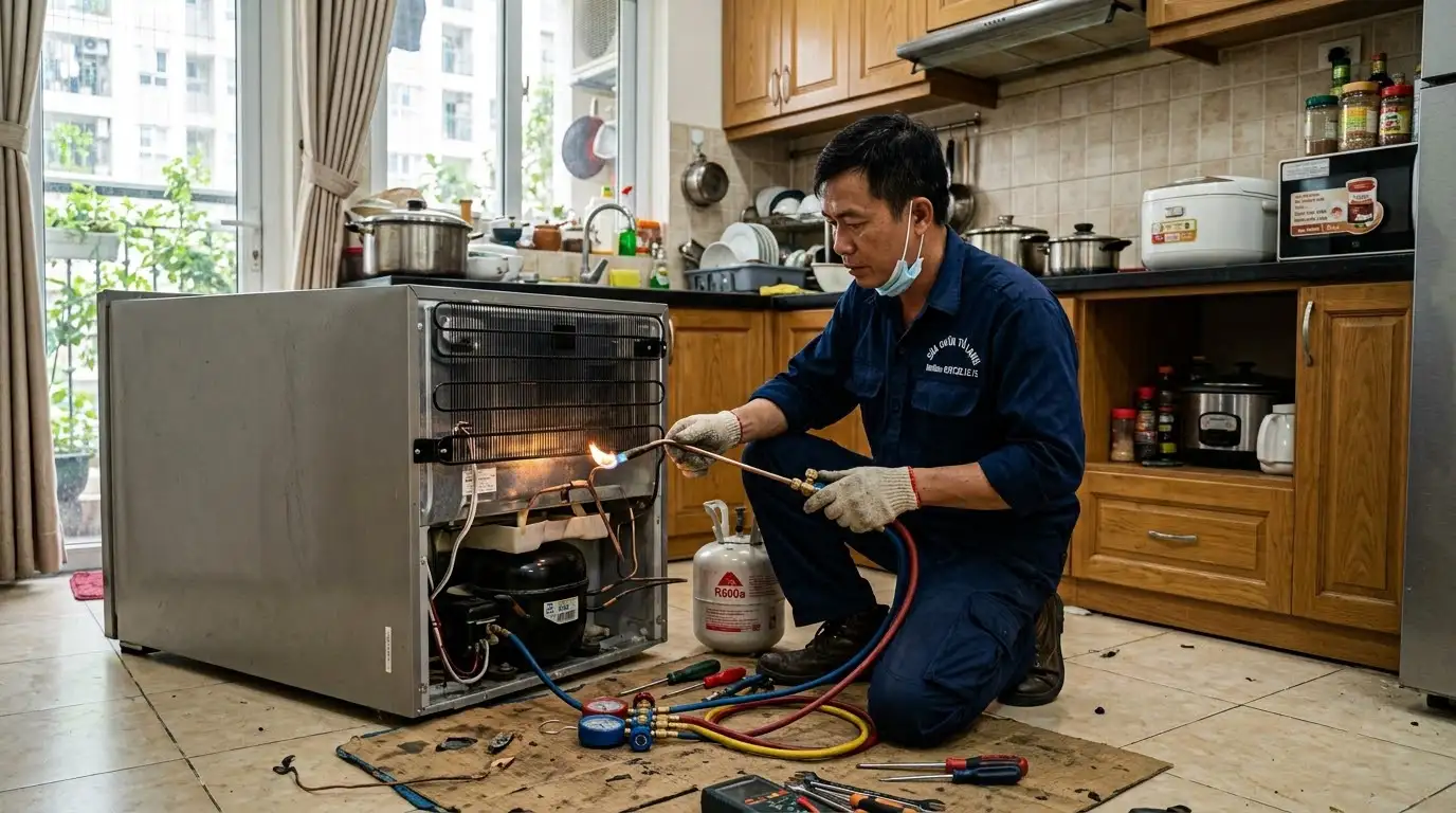 tủ lạnh hết gas kiểm tra áp suất dàn lạnh