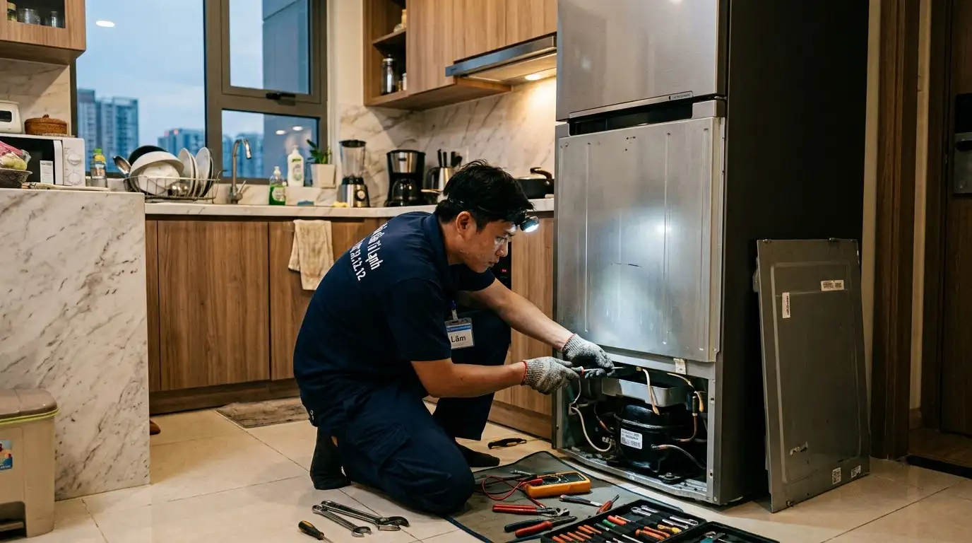 Thao tác đo đạc kiểm tra cảm biến tủ lạnh kêu liên tục