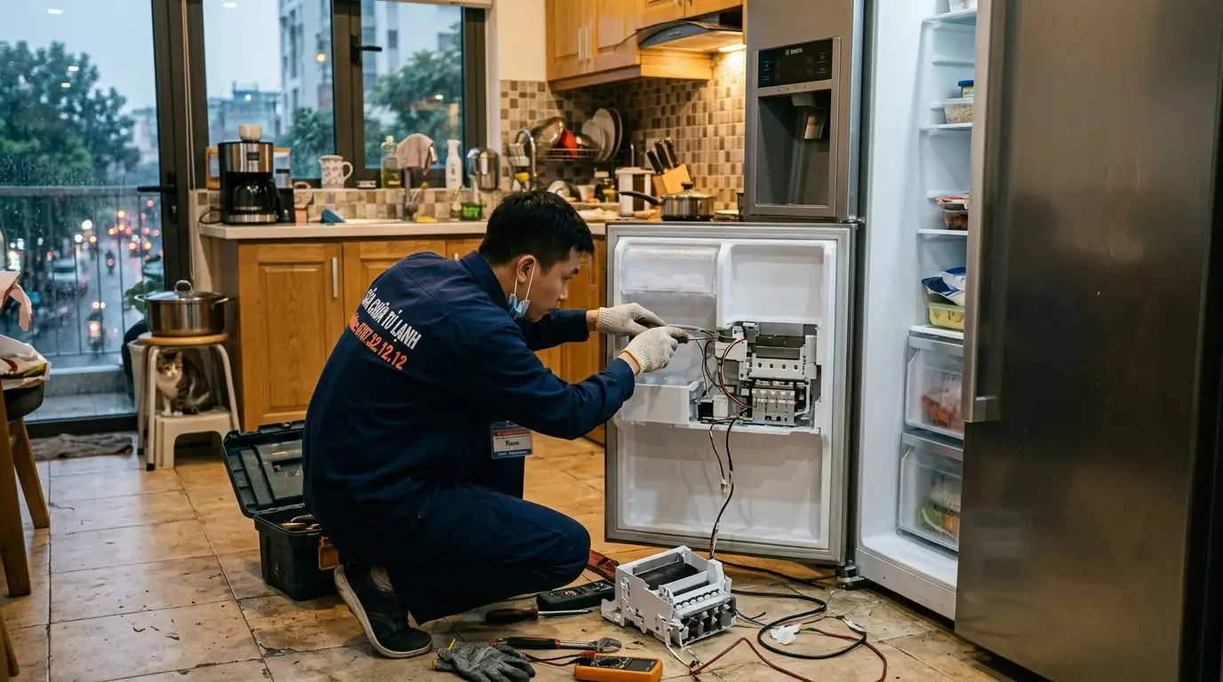 thợ sửa tủ lạnh không làm đá kiểm tra quạt dàn lạnh