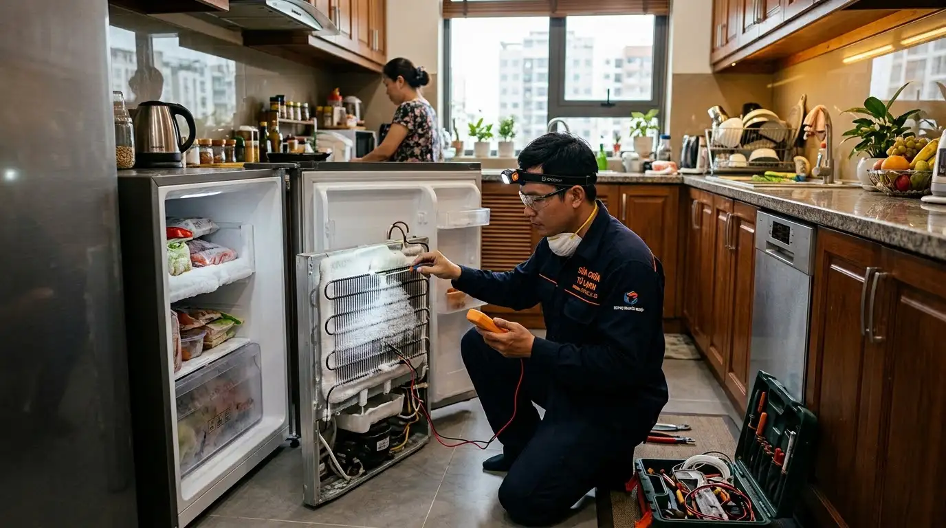 Tủ lạnh không xả tuyết bị bó đá dàn lạnh dày đặc