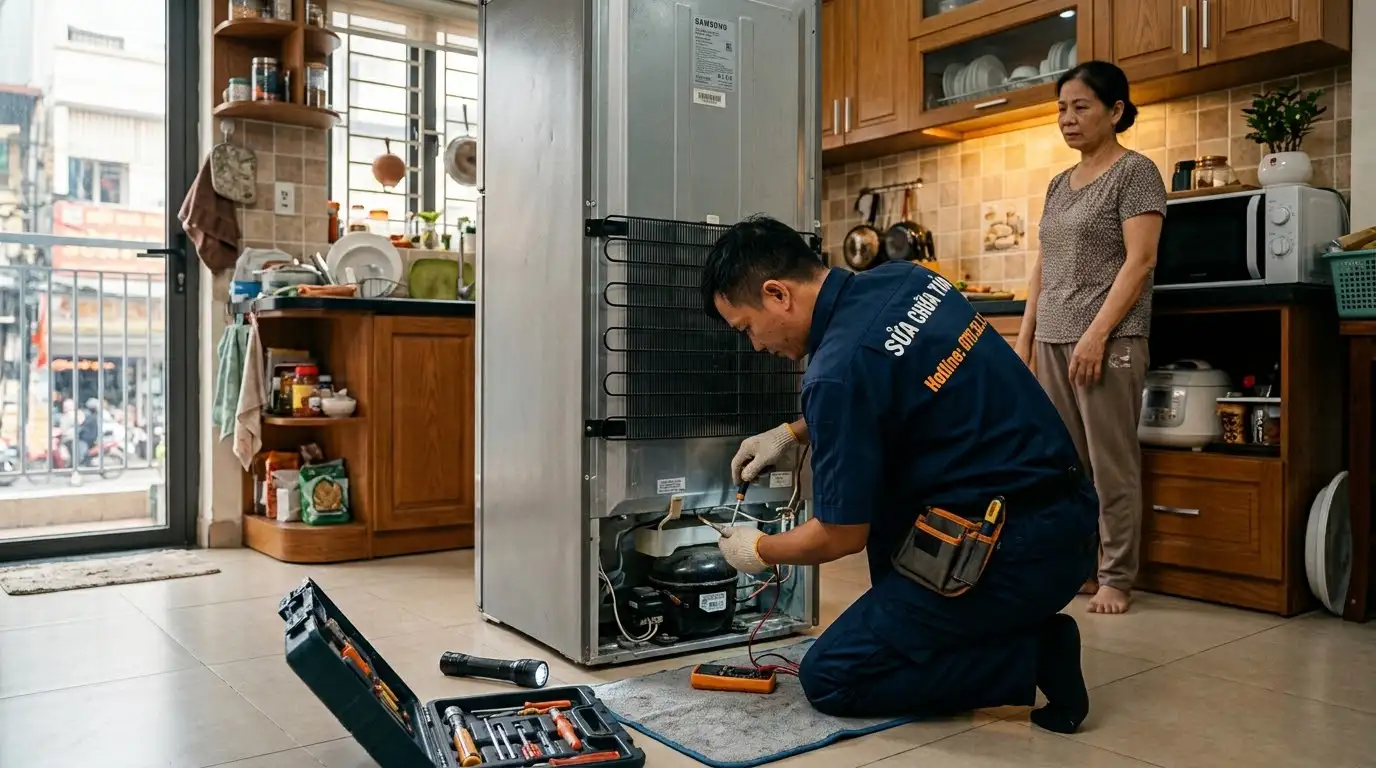 Kỹ thuật viên khắc phục âm thanh ồn từ tủ lạnh